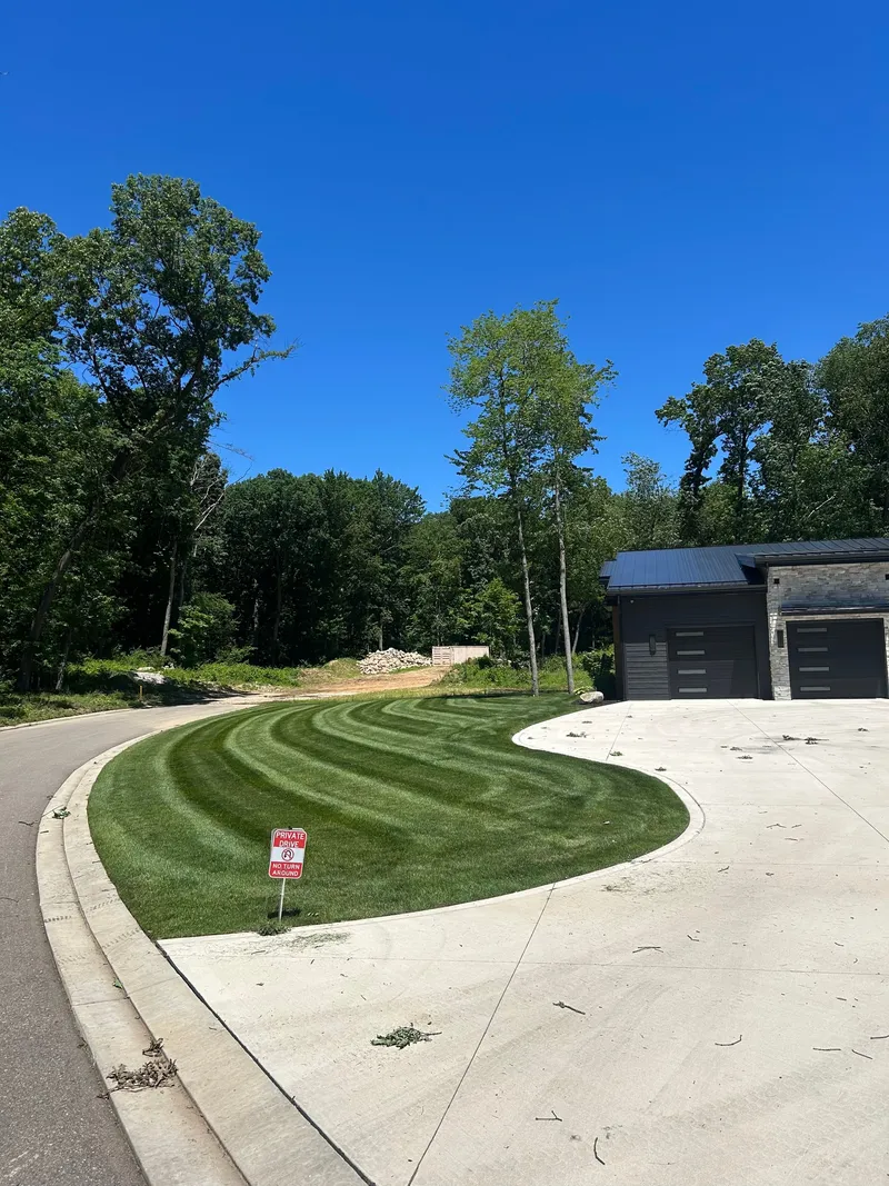 Curved mowing stripes across a street-side lawn