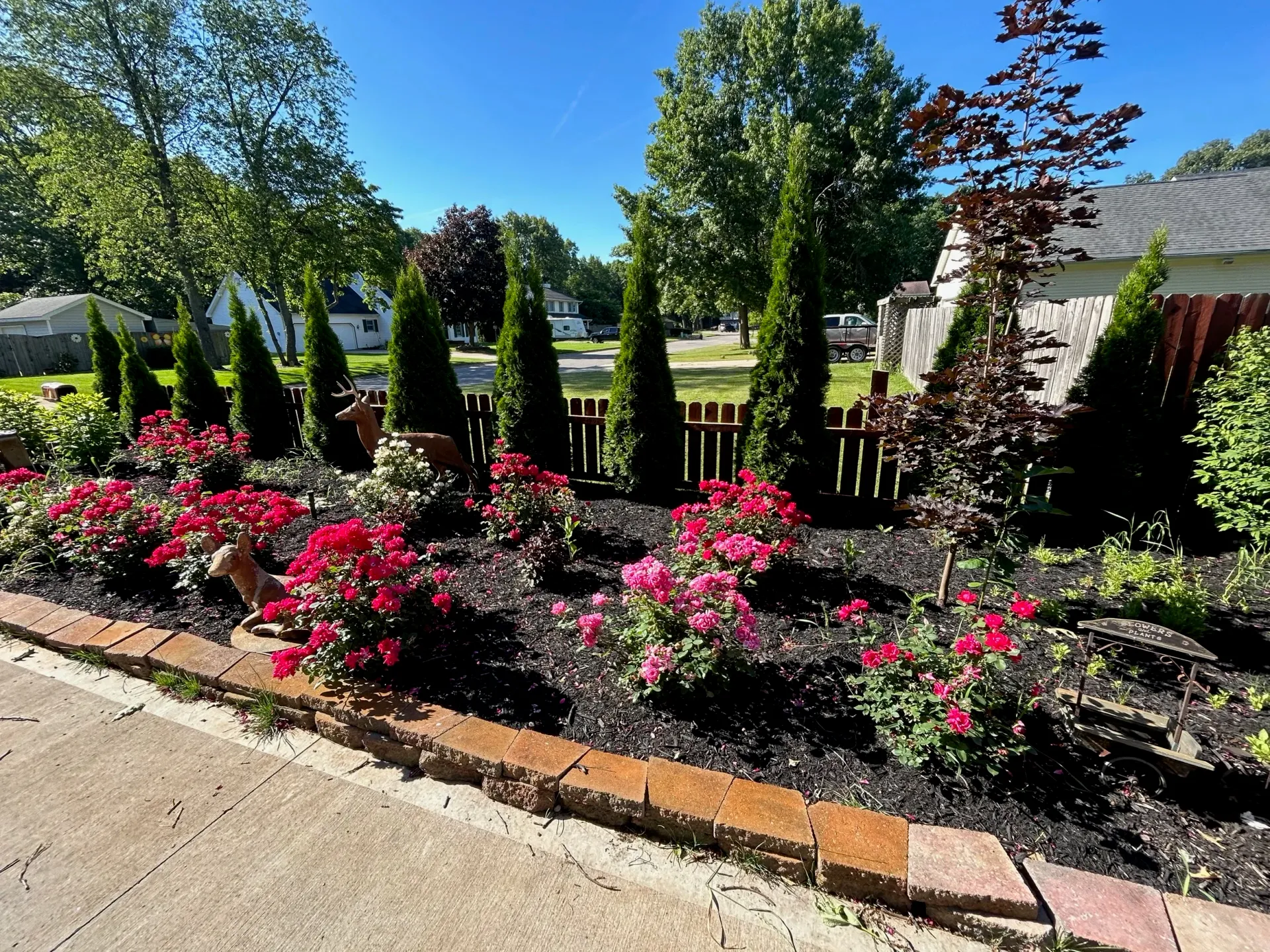 A colorful flower garden beside a home