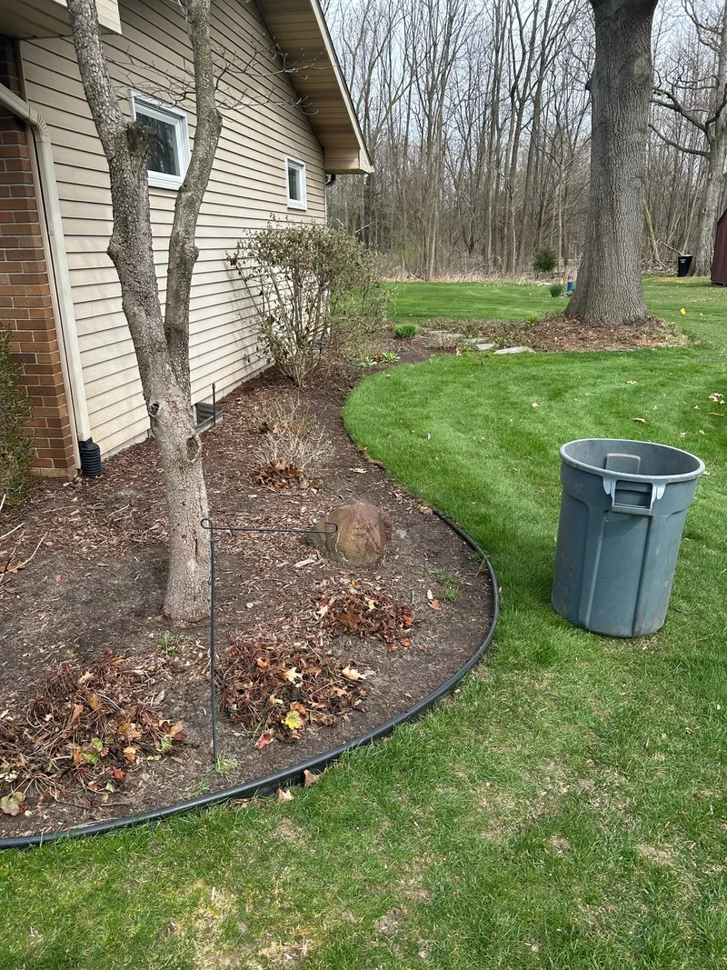 Leaves and sparse ground cover in a curved bed beside a house before refresh