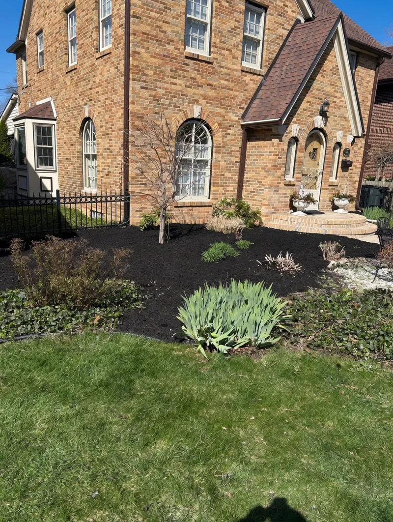 A mulched planting bed with spring growth beside a brick building