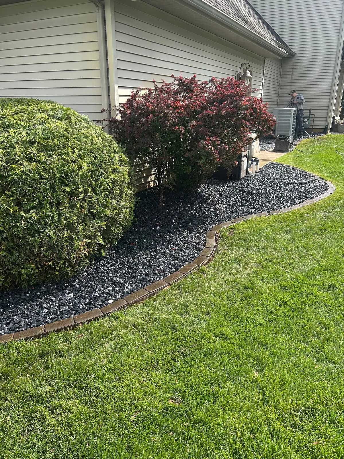 Rounded shrubs beside a freshly edged stone garden bed